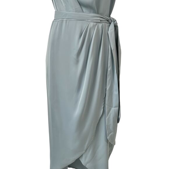 New Ruched Pale Blue Bodycon Dress Sz M One Shoulder Wrap Satin Cocktail Wedding - Picture 7 of 15